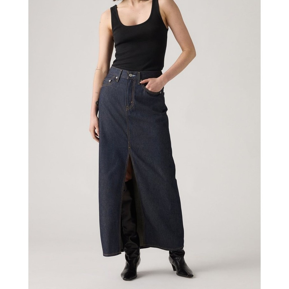 Levis Premium Denim Skirt 32 NEW Long Maxi Column Ankle Raw Dark Blue Rigid Y2K